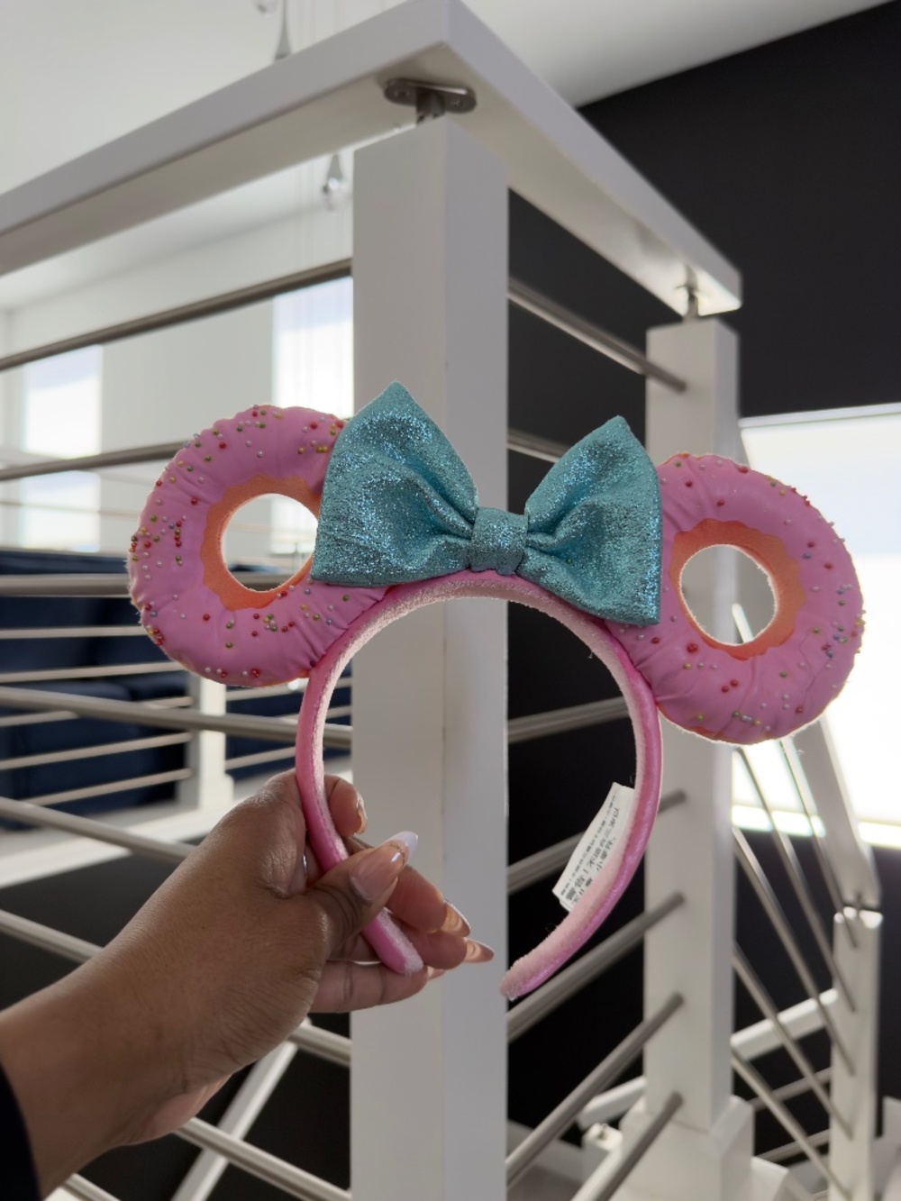 Disney Donut with Pink Glaze w/ blue sequin bow Minnie Ear Headband